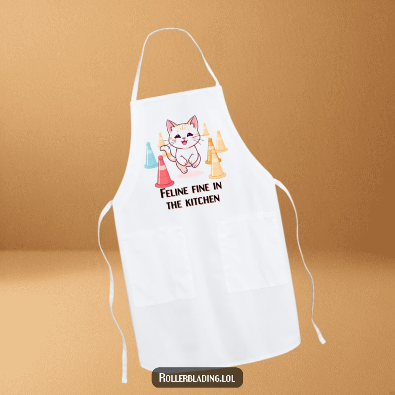 Funny smiling cat focused on agility, printed on a chef apron, excellent funny gift for cooks.