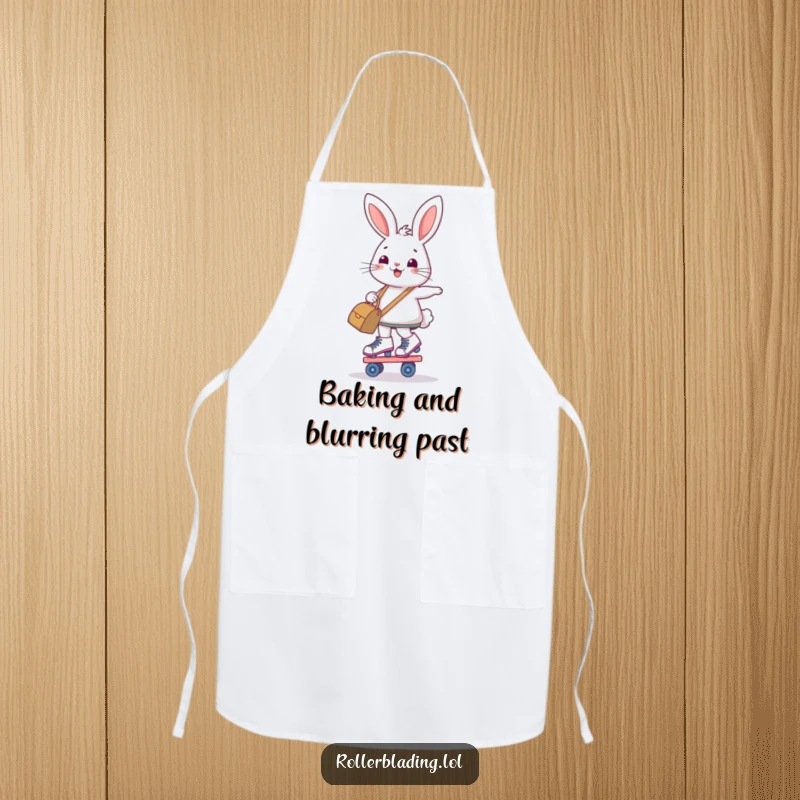 Funny apron with a determined, smiling bunny balancing on roller skates while holding a bag, for kitchen fun.