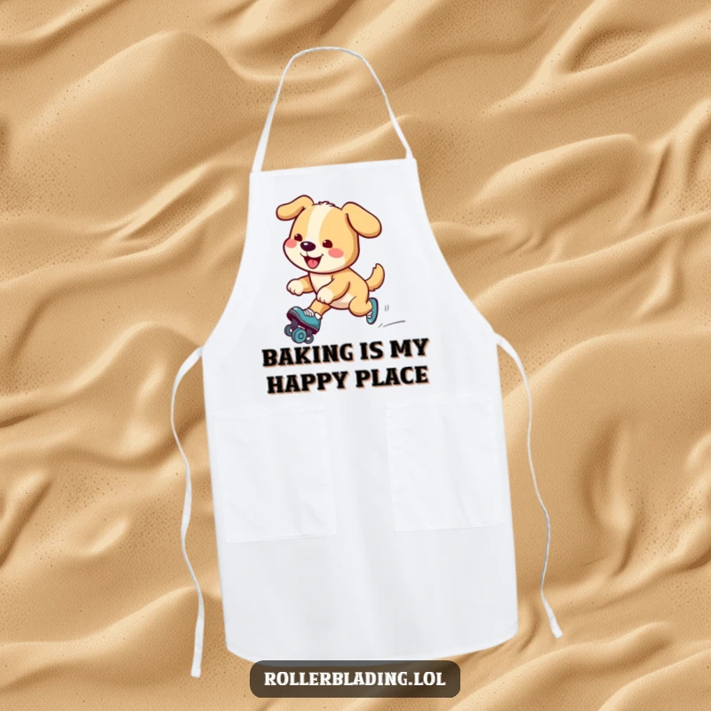 Funny dog apron featuring a cheerful dog gliding on roller skates, ready to whip up some delicious fun in the kitchen.