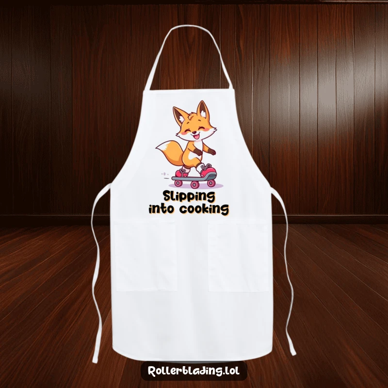 Funny Fox Apron: A smiling fox performs a dramatic roller skate slide, one leg extended, bringing humorous style to kitchen tasks.