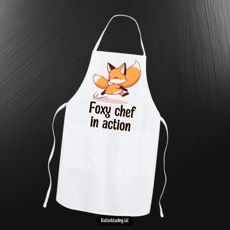 Funny fox apron featuring a playful fox doing a speedy crossover turn on roller skates, ready for culinary action.