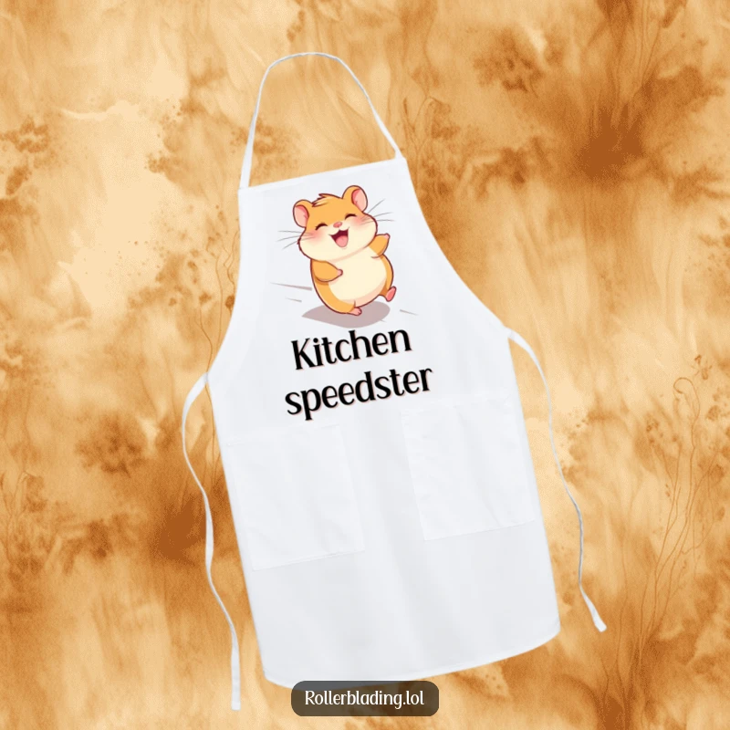 Funny giggling hamster apron, showcasing a hamster speeding downhill with wind in its fur, perfect for fun cooking.