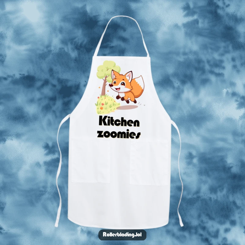 Funny grinning fox apron: A playful fox speeds down a path with a wide grin, adding a humorous and dynamic touch to kitchen tasks.