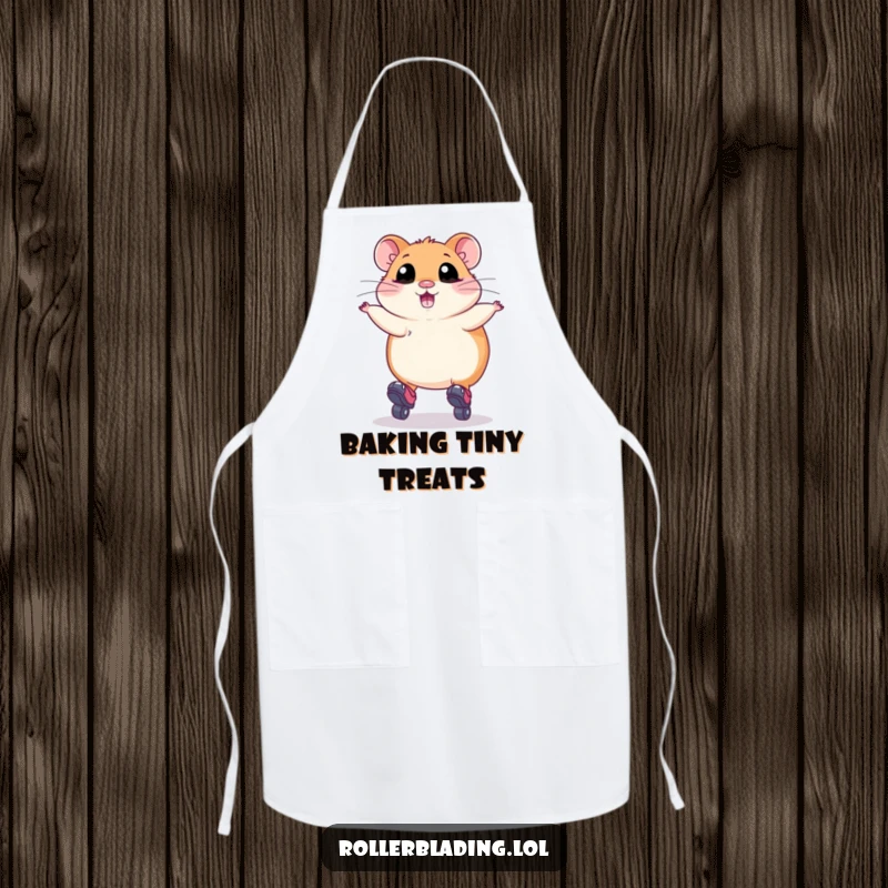 Funny Apron: A plump hamster with wide eyes attempting to roller skate and cook, adding hilarious effort to kitchen tasks.