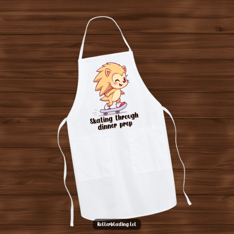 Funny hedgehog chef apron showing a happy hedgehog skating backward, humorous and practical for cooking.