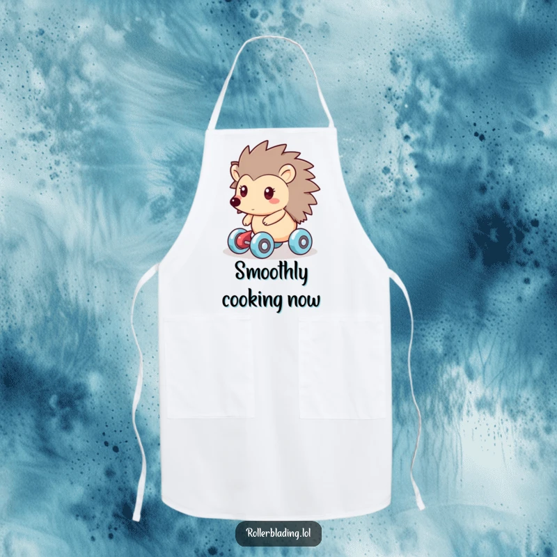 Funny apron showing a friendly hedgehog smoothly gliding on roller skates, ready to help with kitchen tasks with relaxed, humorous flair.