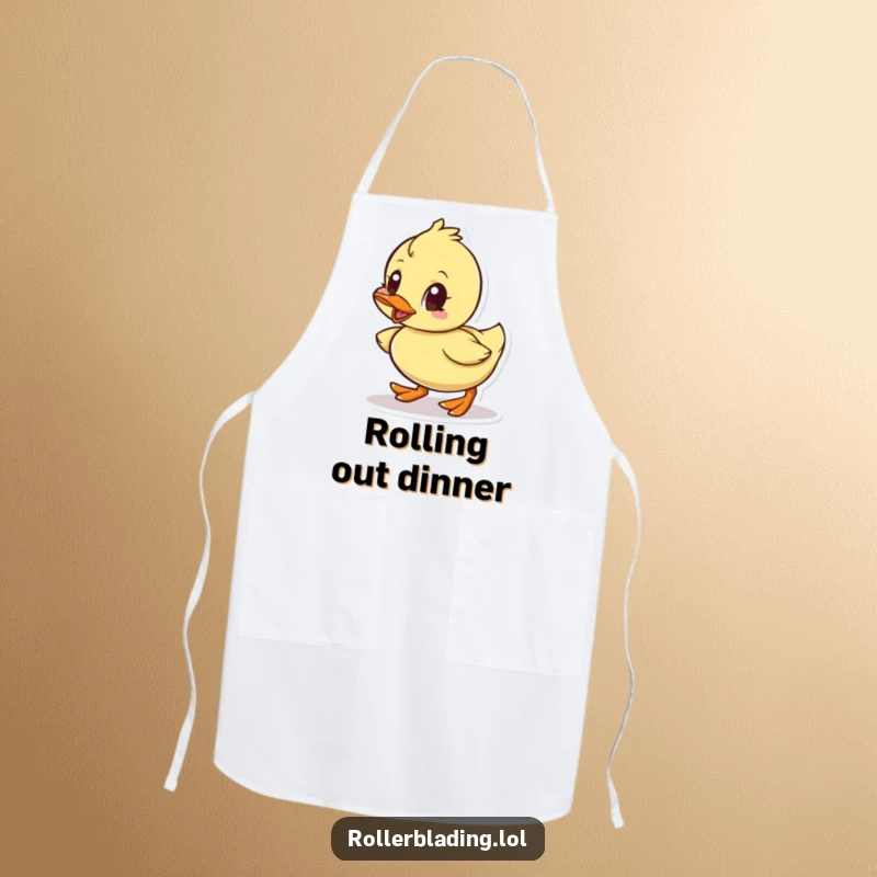 Funny apron showing a small duck rolling with determined eyes, ready to tackle any kitchen task with enthusiasm.
