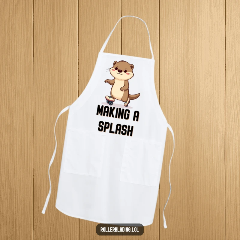 Funny otter apron featuring a determined otter wobbling on roller skates, ready to tackle kitchen tasks with humor.