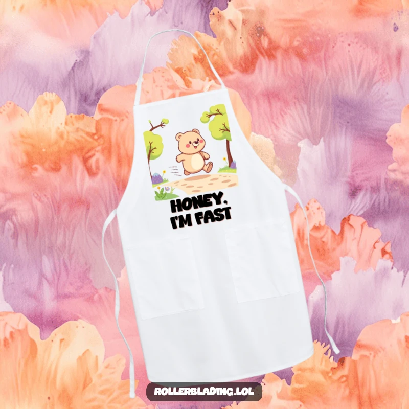 Funny apron illustrating a proud bear comically speeding, designed for kitchen warriors who love to add a dash of humor to their cooking.