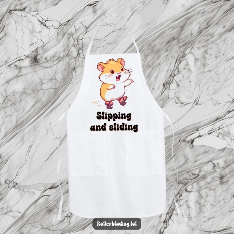 Funny apron with a hamster on tiny skates, zooming forward with delight, perfect for humorous and joyful cooking.