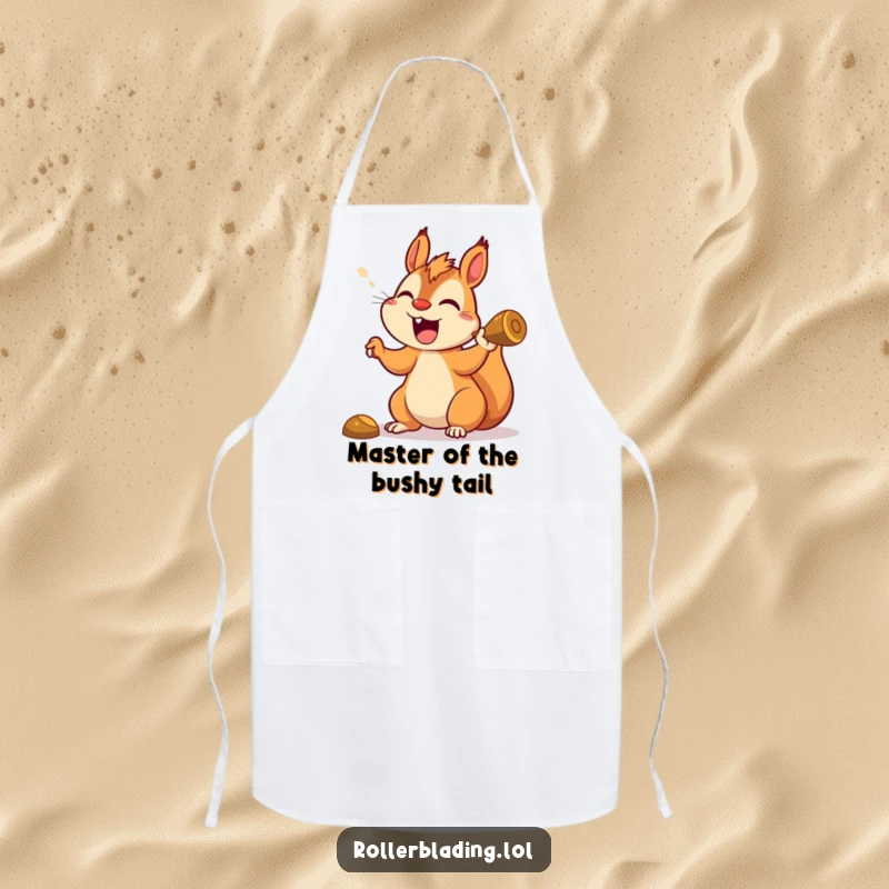 Funny squirrel apron showing a happy squirrel yelling while making a sharp turn, ideal for kitchen enthusiasts.