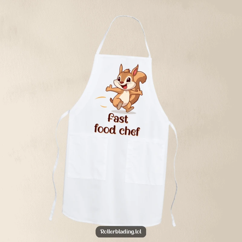 Funny apron with a squirrel speeding along, arms pumping with a huge grin, perfect for humorous and energetic cooking.