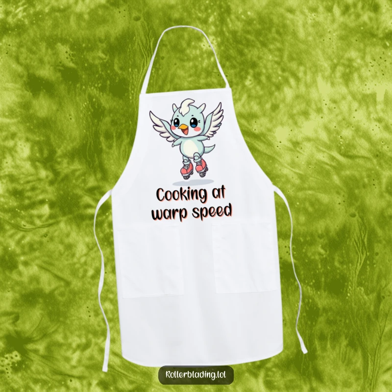 Funny apron with a cheerful, winged creature doing a speed turn on roller skates, for kitchen action.