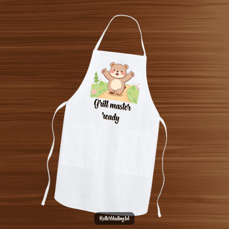 Funny happy bear apron, a comical illustration of a bear cruising along a path with arms wide open, for kitchen adventures.