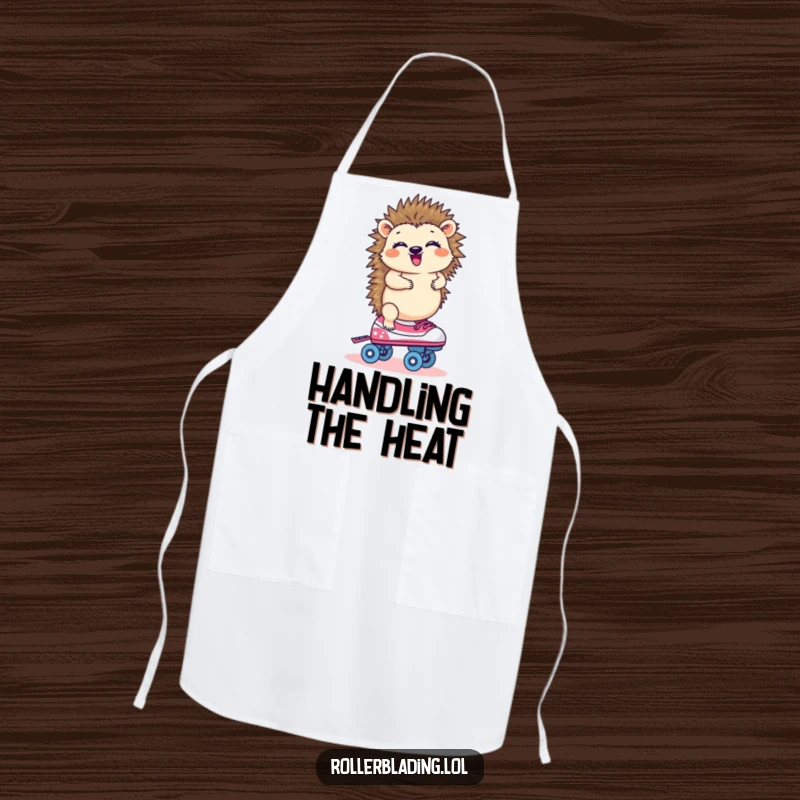 Funny hedgehog giggling, balancing on one roller skate, apron for kitchen use, adding humor to cooking.
