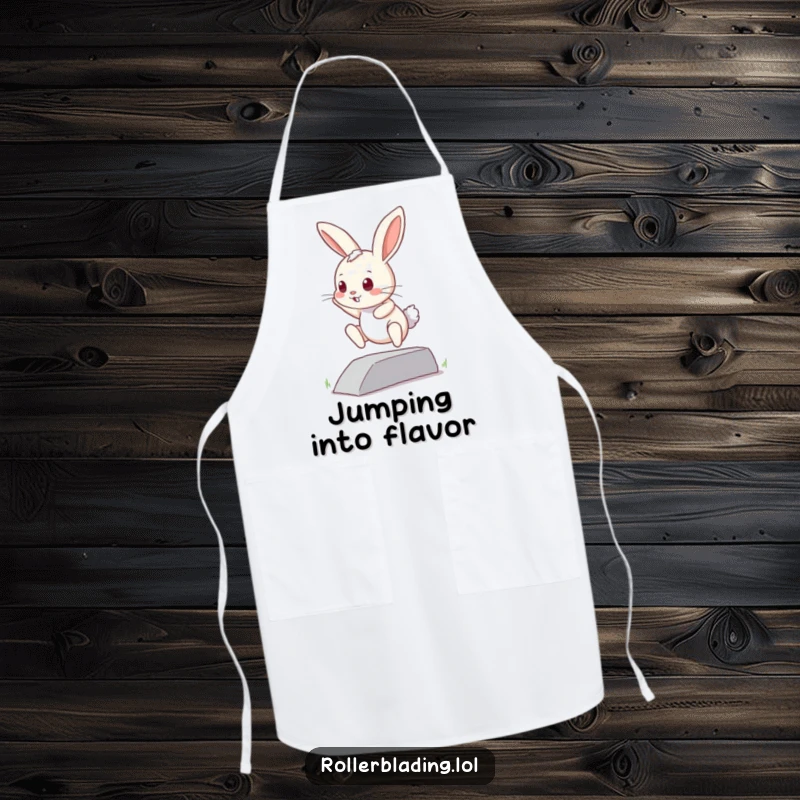 Funny curious bunny apron: A small bunny attempts a jump off a curb, adding a humorous and inspiring touch to kitchen tasks.