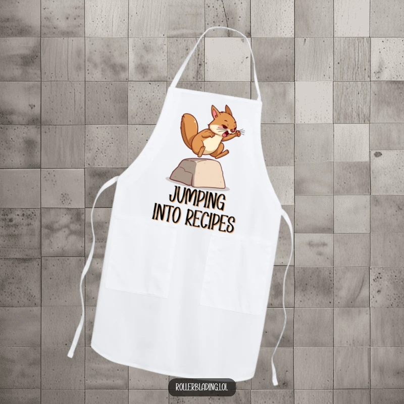 Funny apron showing a determined squirrel jumping over a ramp, perfect for kitchen adventures and cooking with a humorous, driven spirit.
