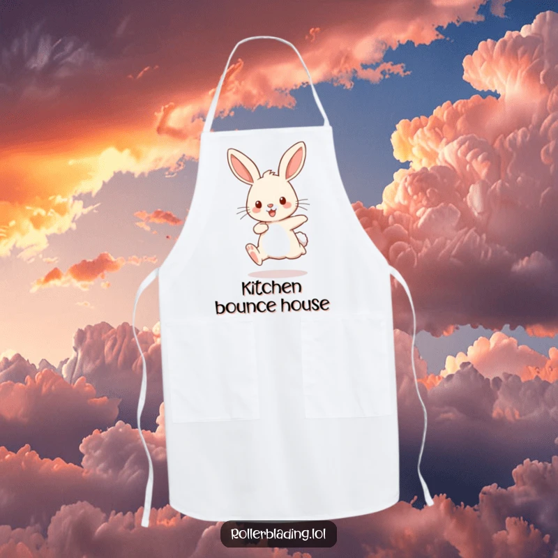 Funny apron depicting a playful rabbit comically bouncing with pumping legs, perfect for active chefs.