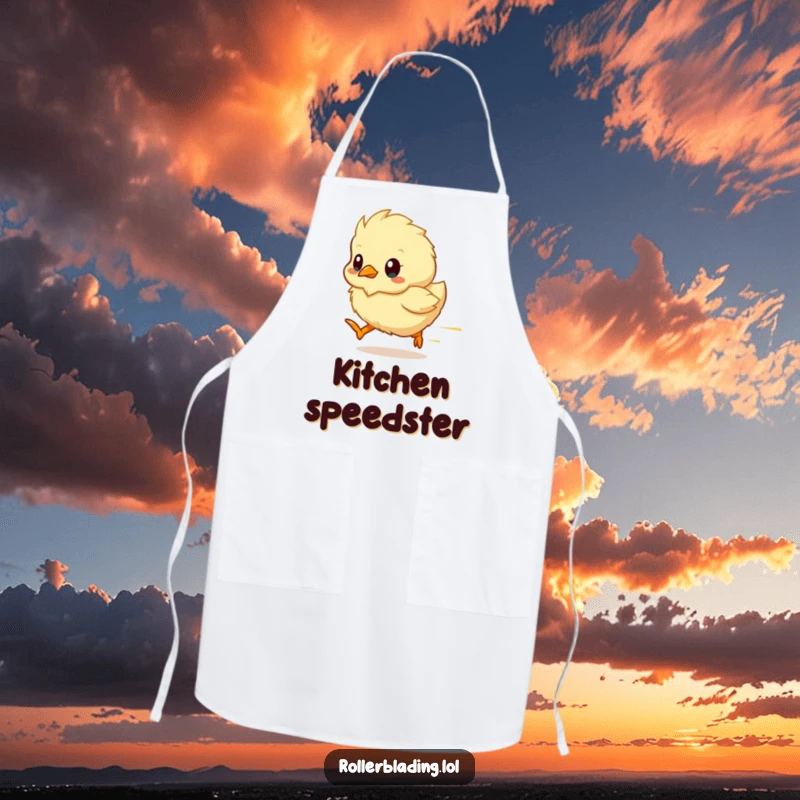 Funny chick apron depicting a fluffy chick as a blur of motion, perfect for fast cooks and bakers.