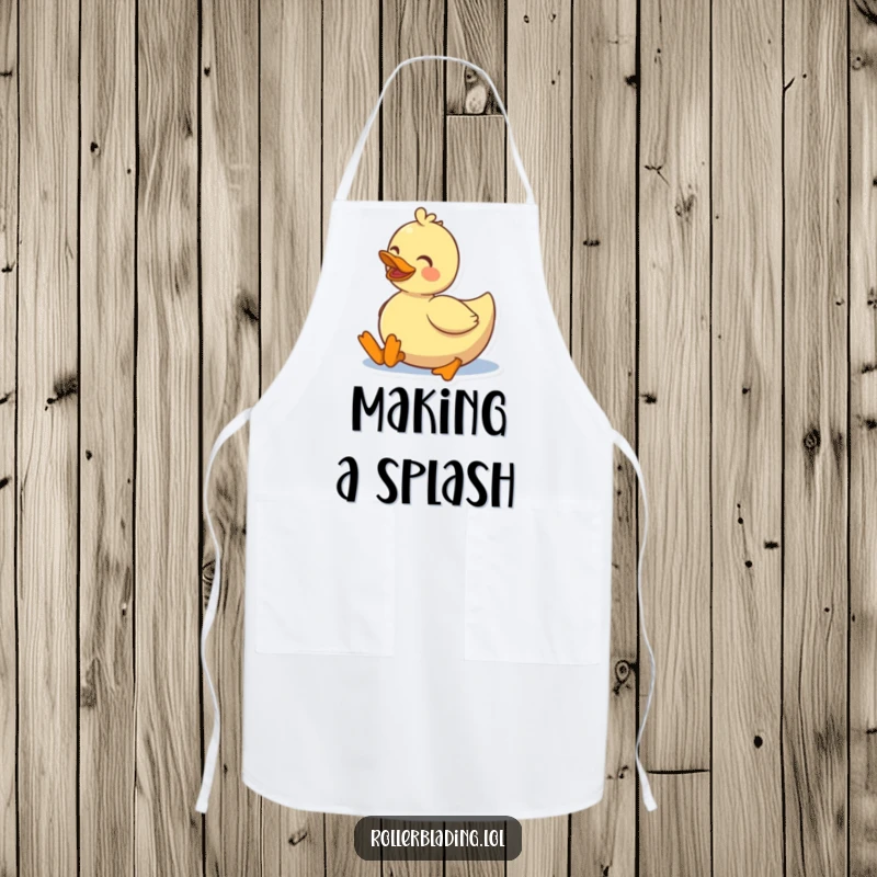 Funny smiling duck rolling on roller skates, an apron for kitchen use, adding cheer to cooking.