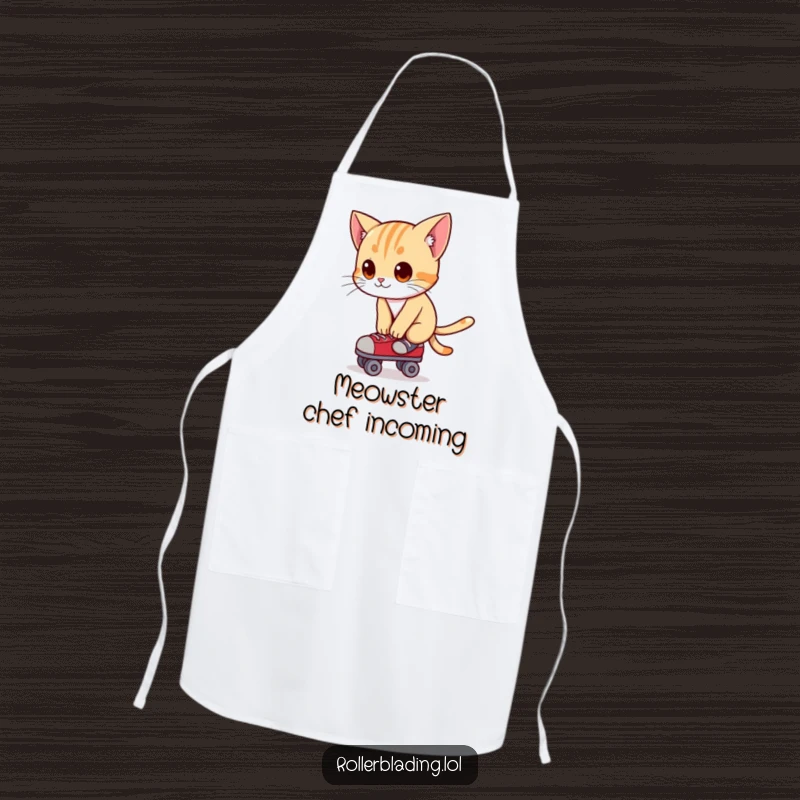 Funny apron showing a curious cat leaning forward, balancing on roller skates, ready to whip up a meal.