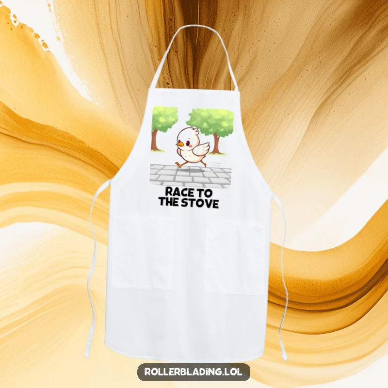 Funny apron showing a determined bird racing along a paved path, ready to help with kitchen tasks with speed and humorous focus.