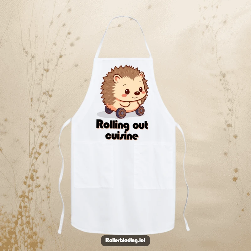 Funny Hedgehog Apron: A shy hedgehog cautiously rolls towards culinary adventures on hesitant wheels, a humorous kitchen companion.
