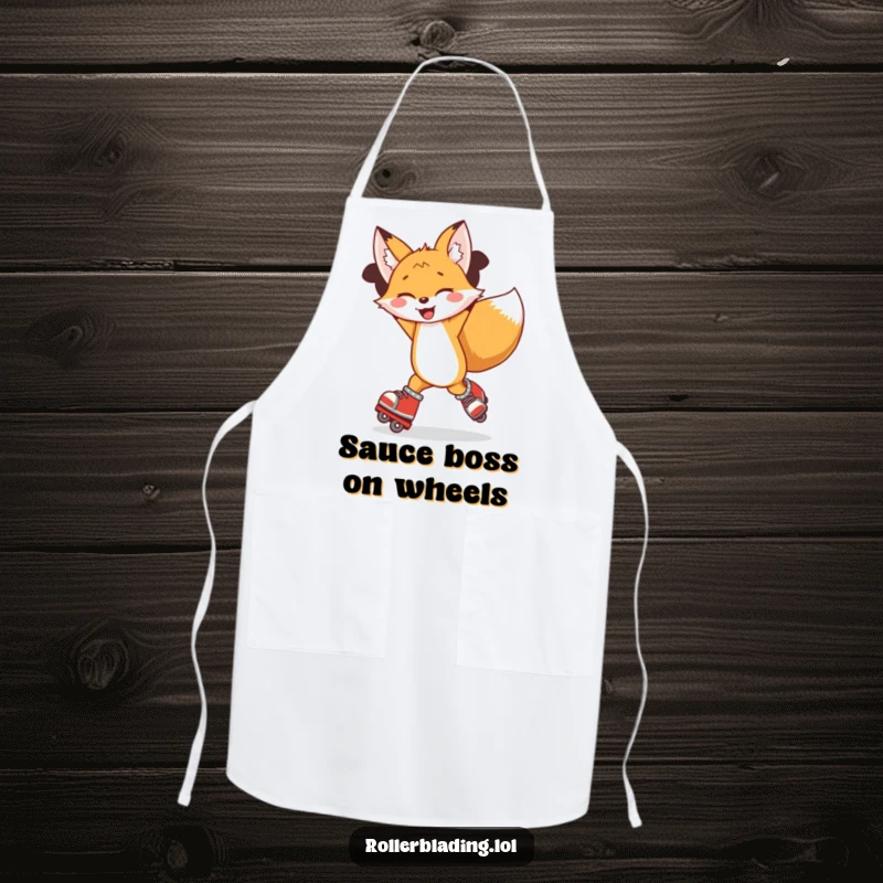 Funny apron showing a joyful fox spinning with arms up on roller skates, ready to create kitchen magic.