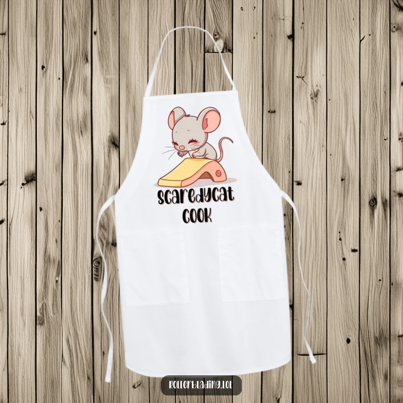 Funny apron depicting a shy mouse comically attempting a gentle slide, ideal for cautious chefs.