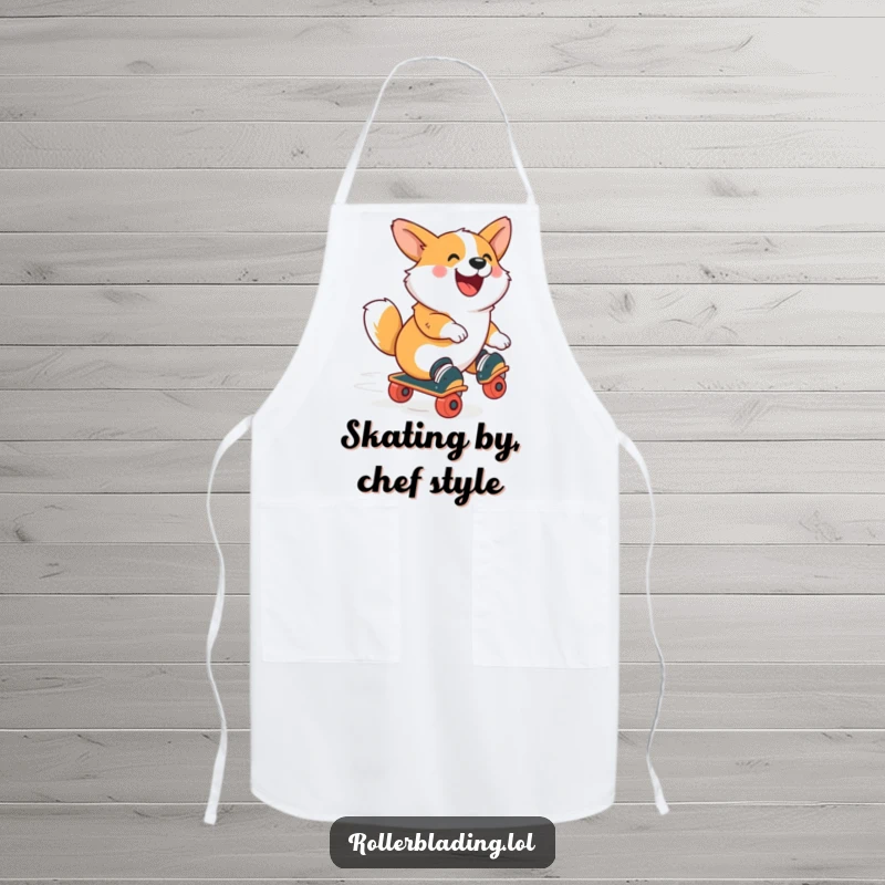 Funny Corgi Apron: A corgi joyfully roller skating, capturing energetic movement and a happy spirit for a uniquely fun kitchen accessory.
