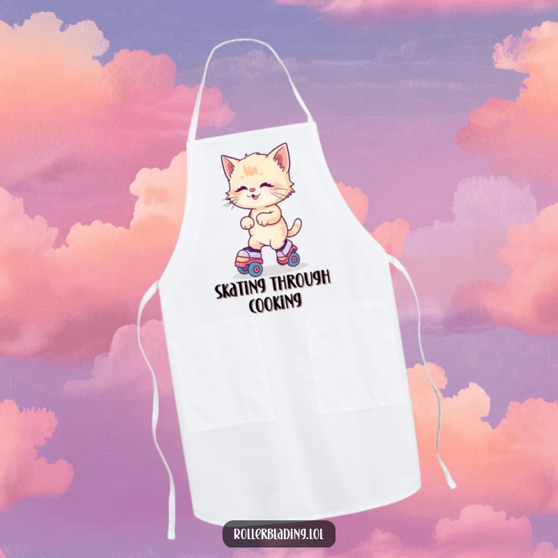 Funny Kitten Roller Skates Apron showing a kitten joyfully wobbling on roller skates, ready for kitchen fun.