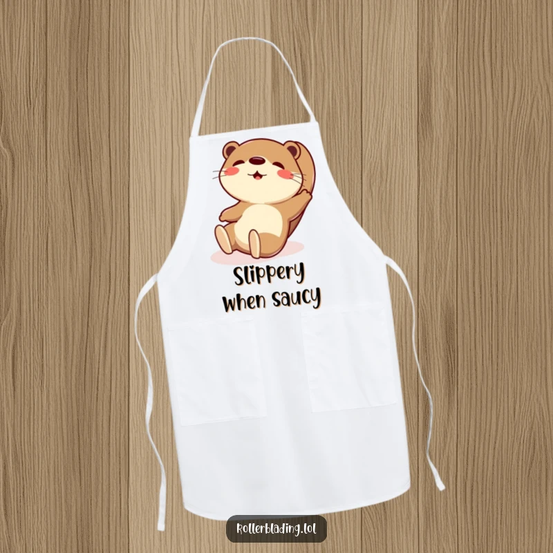 Funny apron showing a playful otter doing an exaggerated slide with a big, happy grin while cooking.