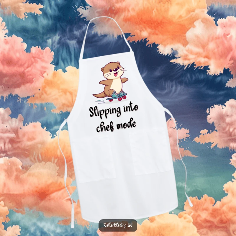 Funny Otter Apron: A playful otter performing a wobbly slide on roller skates, perfect for a fun and practical kitchen accessory.