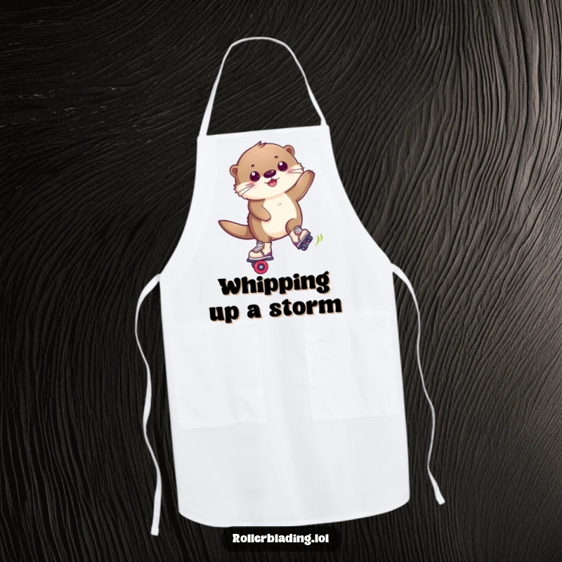 Funny apron with a happy, fluffy otter performing a trick maneuver on roller blades, adding kitchen humor.