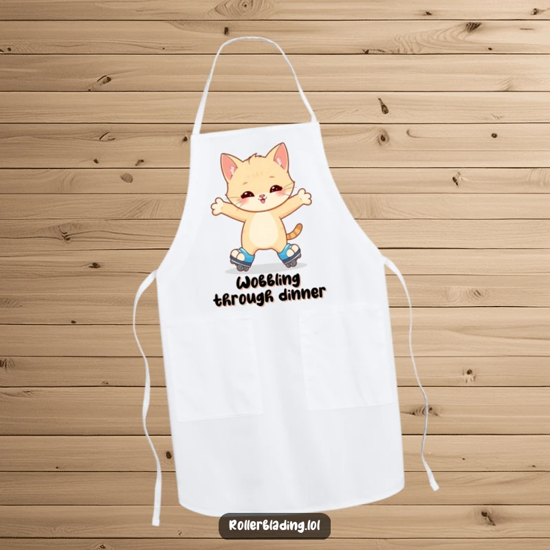 Funny Kitten Apron: A happy kitten wobbles on roller skates, arms outstretched for balance, bringing adorable humor to kitchen tasks.