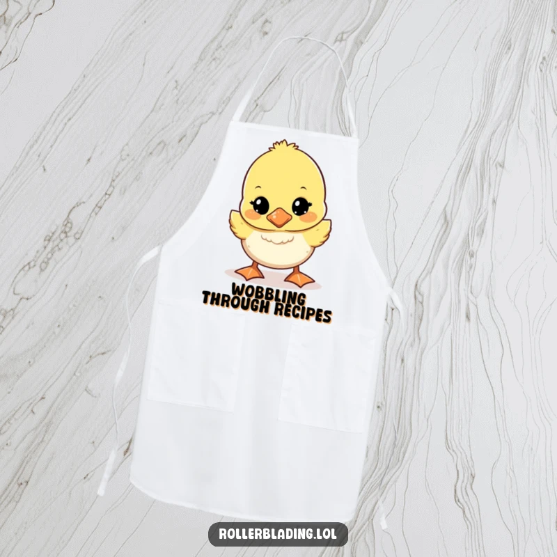 Funny duckling chef apron showing a cute duckling wobbling unsteadily, humorous and practical for cooking.