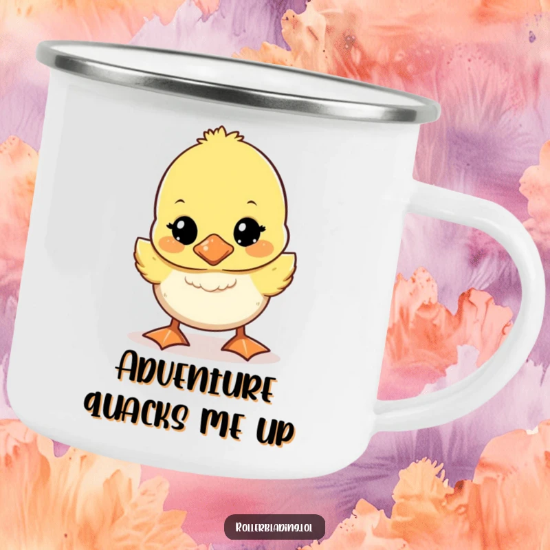Funny wobbly duckling campfire mug with a cute duckling wobbling unsteadily, durable and humorous for outdoor use.