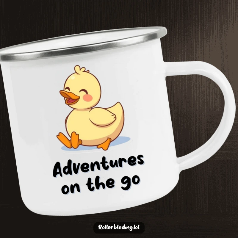 Funny smiling duck rolling on roller skates, durable camping mug for drinks on the go.