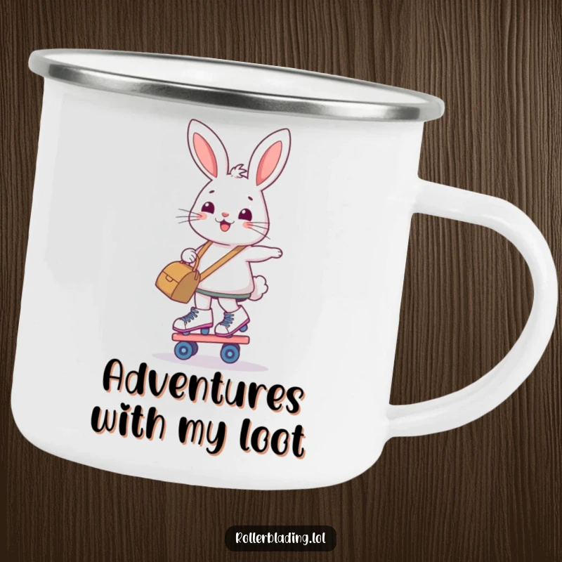Funny camping mug with a determined, smiling bunny balancing on roller skates and holding a bag, for outdoors.