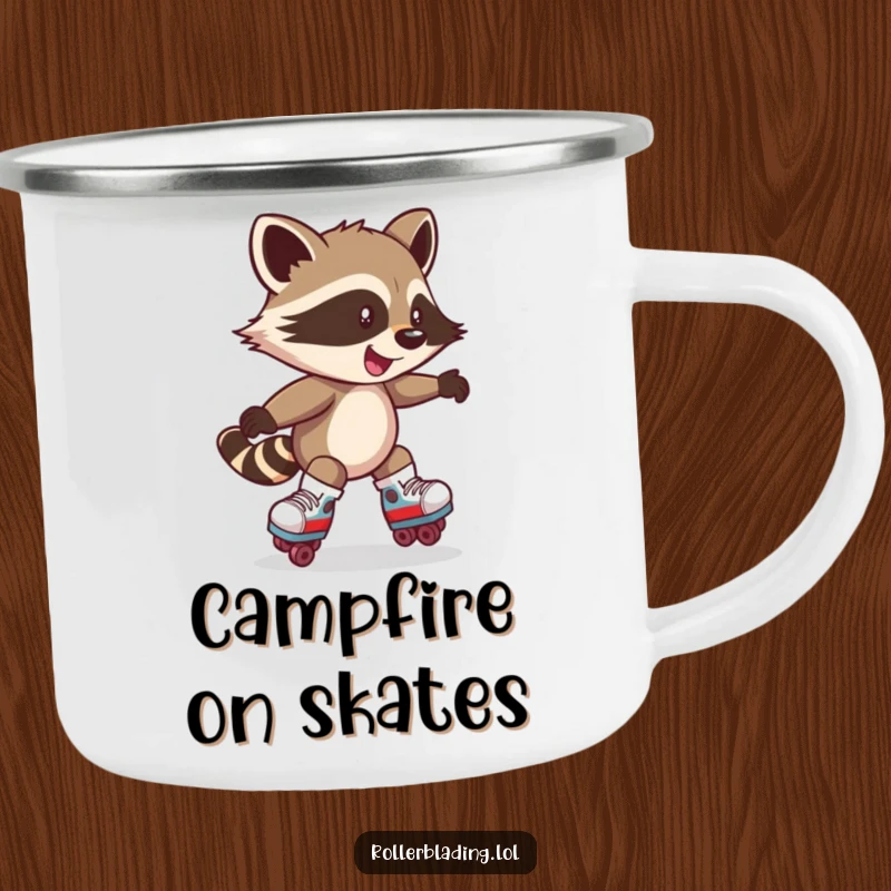 Funny camping mug showing a mischievous raccoon spinning on roller skates. Ideal for outdoor adventurers.