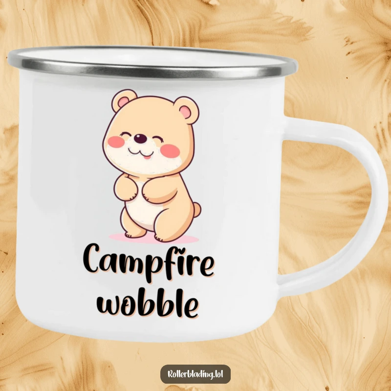 Funny camping mug showing a bear giggling uncontrollably and wobbling while trying to stop, bringing humor to outdoor coffee breaks.