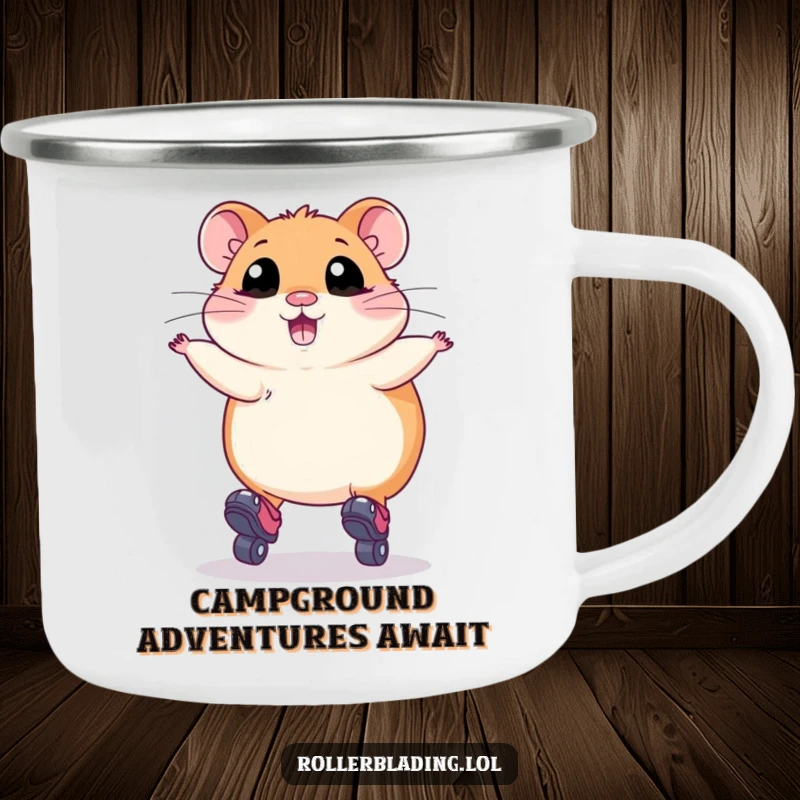 Funny Camping Mug: A plump hamster with wide eyes roller skating and attempting a jump, ready for outdoor fun with humorous determination.