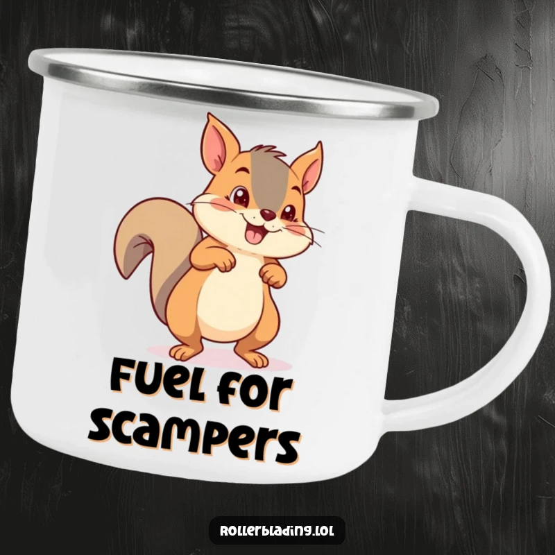 Funny mischievous squirrel pushing off with both feet on roller skates, durable camping mug for drinks.