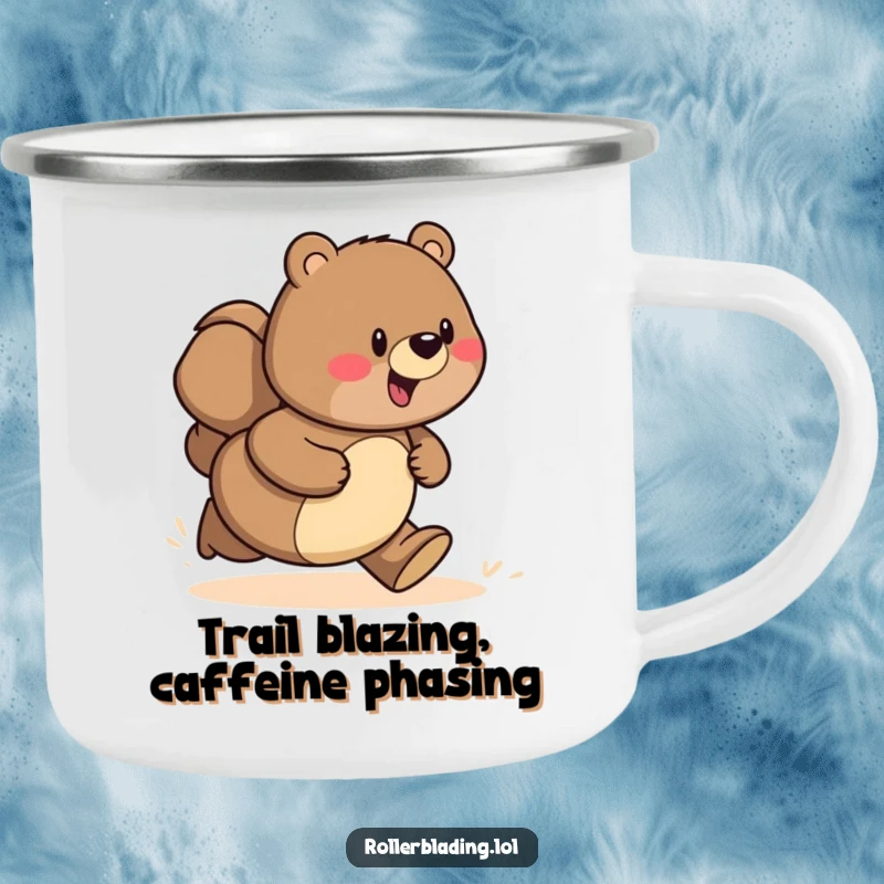 Funny camping mug with a proud bear speeding enthusiastically on a woodland path, perfect for outdoor lovers.
