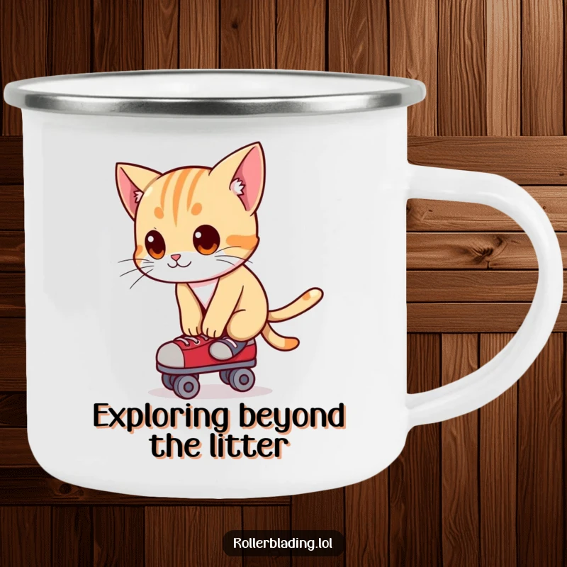 Funny camping mug with a curious cat leaning forward, balancing on roller skates, ready for the trail.