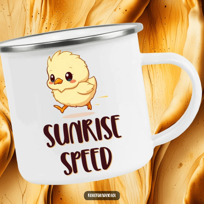 Funny chick camping mug showing a fluffy chick as a blur of motion, perfect for fast-paced campers.