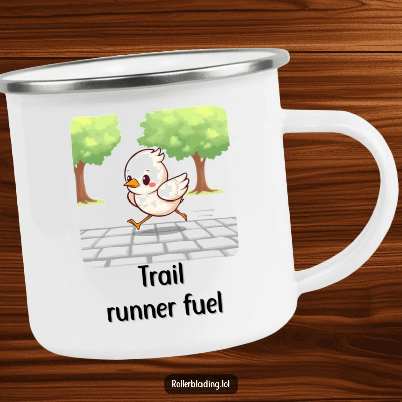Funny camping mug showing a determined bird racing along a paved path, perfect for enjoying drinks in the great outdoors with speed.