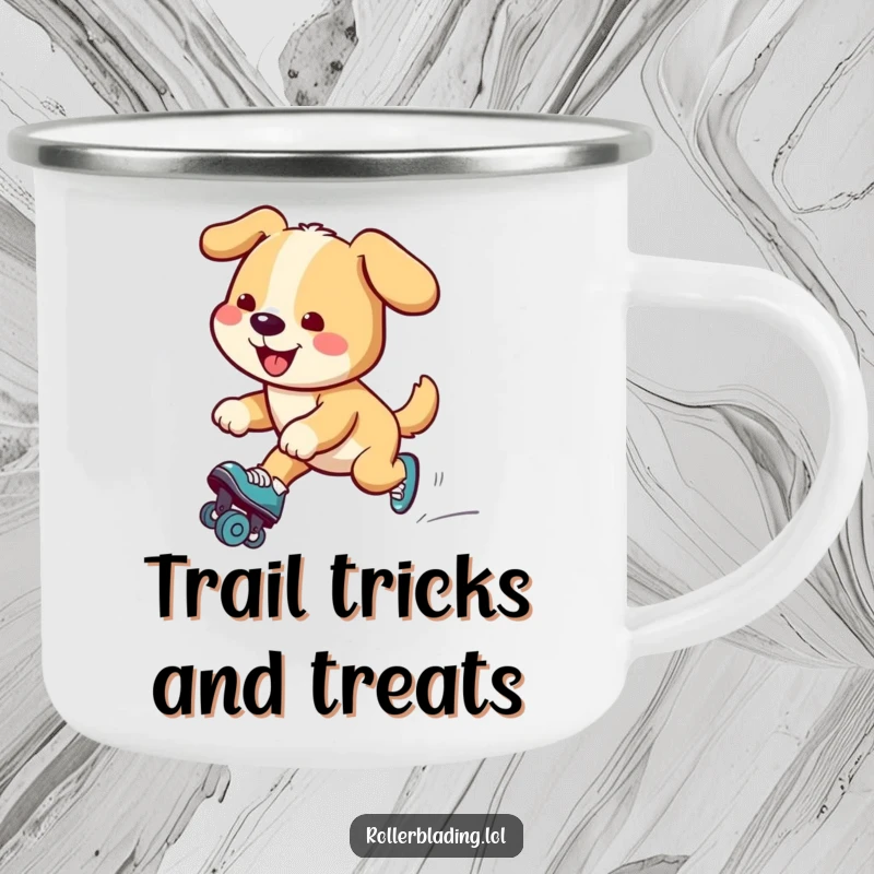 Funny dog camping mug featuring a smiling dog gliding on roller skates, ready for outdoor adventures and a laugh-.