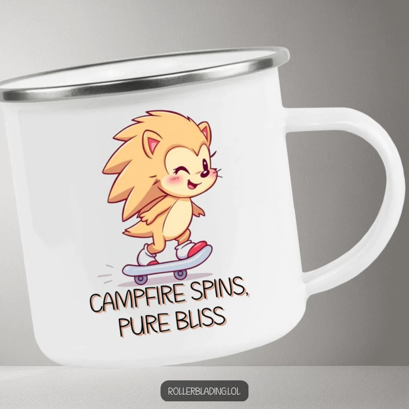 Funny hedgehog campfire mug with a happy hedgehog skating backward, durable and humorous for outdoor use.
