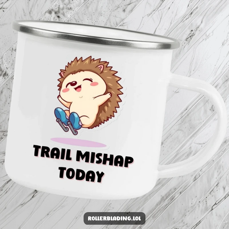 Funny camping mug showing a tiny hedgehog falling backwards on roller skates. Ideal for outdoor enthusiasts.